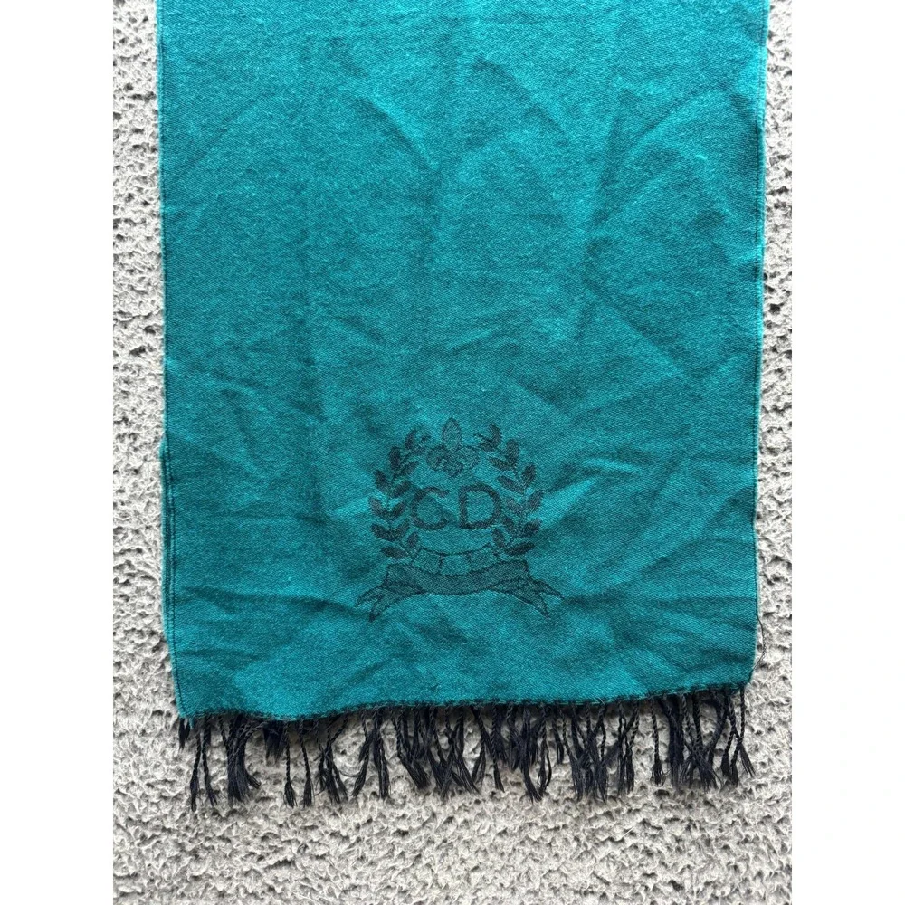 Vintage Christian Dior Printed‎ Logo Cashmerre Scarf Teal 63.5